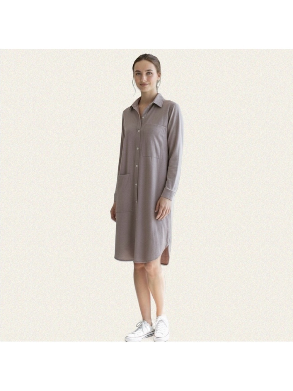 Kit and Ace Long-Sleeve Shirt Dress in Mauve Taupe